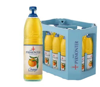 Eine Flasche Bad Pyrmonter Premium Limonade Orange und dazu ein Kasten