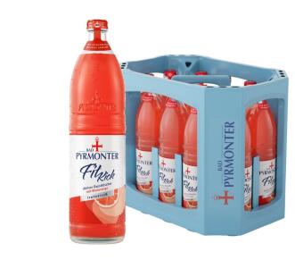 Eine Flasche Bad Pyrmonter FitKick Blutorange und dazu ein Kasten